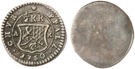PFALZ. - Kurlinie zu Sulzbach. Karl Theodor, 1743-1799. 
Einseitiger 1/2 Kreuzer 1750, Mannheim.
Slg. Noss 455, Slg. Memmesh. - ss