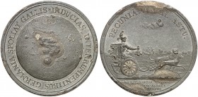 PHILIPPSBURG. - Stadt. 
Zinnmedaille 1688 (unsigniert, 58,7 mm), auf die Eroberung von Philippsburg durch die Franzosen. Landkarte / Dauphin mit Geld...