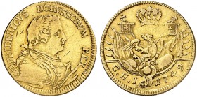 PREUSSEN. Friedrich II., "der Große", 1740-1786. 
1/2 Friedrichs d'or 1749, Berlin.
Friedb. 2386, Olding 380, v. Schr. 26 Gold f. ss