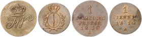 PREUSSEN. Friedrich Wilhelm III., 1797-1840. 
Lot von 2 Stück: 1 Pfennig, 1 Schilling 1810 A.
Olding 133, 152, AKS 40, 45, J. 4, 18c winz. Sfr., vz
