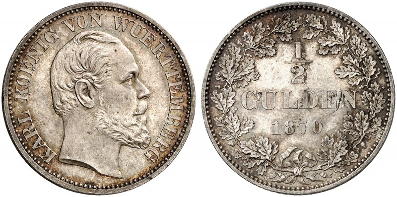 WÜRTTEMBERG. Karl, 1864-1891. 
1/2 Gulden 1870.
AKS 127, J. 84, Kl.-R. 115.4 v...