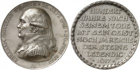 PERSONEN. Werner, Abraham Gottlob, 1748-1817, Mineraloge. 
Eisenmedaille 1917 (von F. W. Hörnlein, 50,8 mm), auf den 100. Todestag. Brustbild n. link...