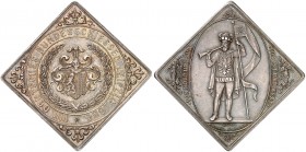 SCHÜTZENMEDAILLEN. Leipzig. 
Silberklippe 1884 (von Helfricht, 36,5 x 36,5 mm), auf das VIII. Deutsche Bundesschießen. Stadtwappen / Herold mit Fahne...