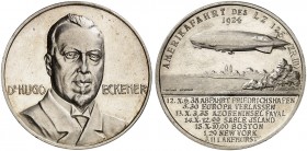 ZEITGESCHICHTE. 
Silbermedaille 1924 (von A. Hummel, 33,3 mm), auf die Amerikafahrt des LZ 126. Brustbild von Dr. Hugo Eckener v. vorn / Zeppelin übe...