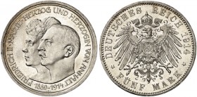 ANHALT. Friedrich II., 1904-1918. J. 25, EPA 5/2. 
5 Mark 1914, zur Silberhochzeit mit Marie.
winz. Rdf., vz - St