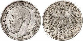 BADEN. Friedrich I., 1852-1907. J. 28, EPA 2/5. 
2 Mark 1898.
Seltener Jahrgang !
ss