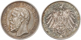 BADEN. Friedrich I., 1852-1907. J. 28, EPA 2/5. 
2 Mark 1899.
In dieser Erhaltung sehr selten !
schöne Patina, St