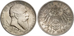 BADEN. Friedrich I., 1852-1907. J. 31, EPA 5/7. 
5 Mark 1902, zum 50-jährigen Regie­rungsjubiläum.
schöne Patina, f. St