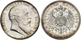 BADEN. Friedrich I., 1852-1907. J. 33, EPA 5/8. 
5 Mark 1902.
In dieser Erhaltung sehr selten !
winz. Kr., f. St