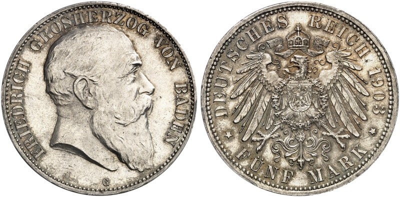 BADEN. Friedrich I., 1852-1907. J. 33, EPA 5/8. 
5 Mark 1903.
PCGS MS 64, winz...