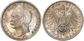 BADEN. Friedrich II., 1907-1918. J. 38, EPA 2/10. 
2 Mark 1911.
schöne Patina, f. St