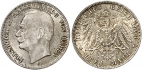 BADEN. Friedrich II., 1907-1918. J. 39, EPA 3/3. 
3 Mark 1909.
schöne Patina, f. St