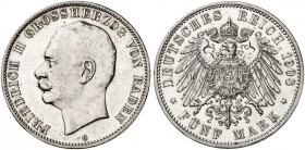 BADEN. Friedrich II., 1907-1918. J. 40, EPA 5/11. 
5 Mark 1908.
vz - St
