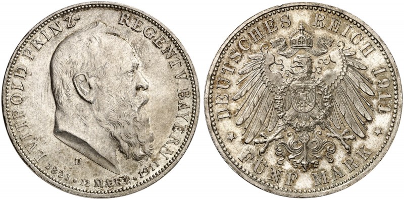 BAYERN. Luitpold, Prinzregent, * 1821, + 1912. J. 50, EPA 5/15. 
5 Mark 1911, z...