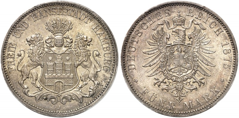 HAMBURG. J. 62, EPA 5/20. 
5 Mark 1875.
PCGS AU 58, vz / vz - St