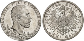SCHWARZBURG - SONDERSHAUSEN. Karl Günther, 1880-1909. J. 169a, EPA 2/71. 
2 Mark 1905, zum 25-jährigen Regie­rungsjubiläum, mit schmalem Rand­stab.
...