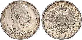 SCHWARZBURG - SONDERSHAUSEN. Karl Günther, 1880-1909. J. 169b, EPA 2/72. 
2 Mark 1905, zum 25-jährigen Regie­rungsjubiläum, mit breitem Randstab.
vz...