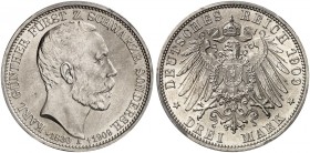 SCHWARZBURG - SONDERSHAUSEN. Karl Günther, 1880-1909. J. 170, EPA 3/34. 
Ein drittes Exemplar.
PCGS MS 64, f. St