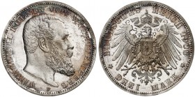 WÜRTTEMBERG. Wilhelm II., 1891-1918. J. 175, EPA 3/35. 
3 Mark 1908.
Prachtexemplar !
PP