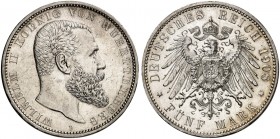 WÜRTTEMBERG. Wilhelm II., 1891-1918. J. 176, EPA 5/60. 
5 Mark 1908.
kl. Kr., vz - St