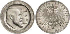 WÜRTTEMBERG. Wilhelm II., 1891-1918. J. 177b, EPA 3/37. 
3 Mark 1911, zur Silberhochzeit mit Charlotte, mit hohem Querstrich im H.
ss