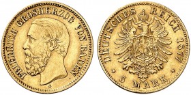 BADEN. Friedrich I., 1852-1907. J. 185, EPA 5/77. 
5 Mark 1877.
kl. Rdf. u. Kr., ss