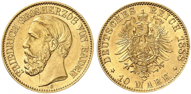 BADEN. Friedrich I., 1852-1907. J. 186, EPA 10/3. 
10 Mark 1888.
vz+