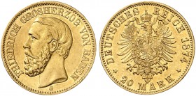 BADEN. Friedrich I., 1852-1907. J. 187, EPA 20/5. 
20 Mark 1874. R !
ss - vz