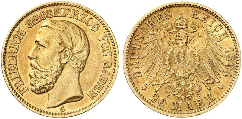 BADEN. Friedrich I., 1852-1907. J. 189, EPA 20/6. 
20 Mark 1894.
ss / vz