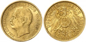 BADEN. Friedrich II., 1907-1918. J. 192, EPA 20/7. 

20 Mark 1911. kl. Kr., vz