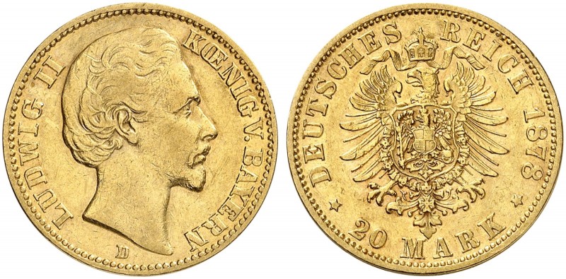 BAYERN. Ludwig II., 1864-1886. J. 197, EPA 20/9. 
20 Mark 1878.
Seltener Jahrg...