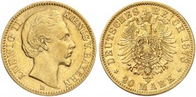BAYERN. Ludwig II., 1864-1886. J. 197, EPA 20/9. 
20 Mark 1878.
Seltener Jahrgang !
ss