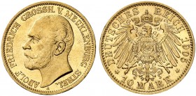 MECKLENBURG - STRELITZ. Adolf Friedrich V., 1904-1914. J. 239, EPA 10/31. 
10 Mark 1905.
Prachtexemplar, RR !
f. St