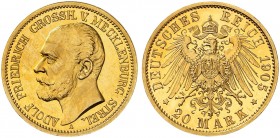 MECKLENBURG - STRELITZ. Adolf Friedrich V., 1904-1914. J. 240, EPA 20/26. 
20 Mark 1905.
Prachtexemplar, RRR !
PP