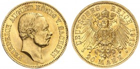 SACHSEN. Friedrich August III., 1904-1918. J. 268, EPA 20/45. 
20 Mark 1913.
vz - St