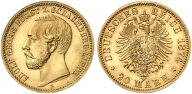 SCHAUMBURG - LIPPE. Adolf Georg, 1860-1893. J. 284, EPA 20/58. 
20 Mark 1874.
Prachtexemplar, RR !
St