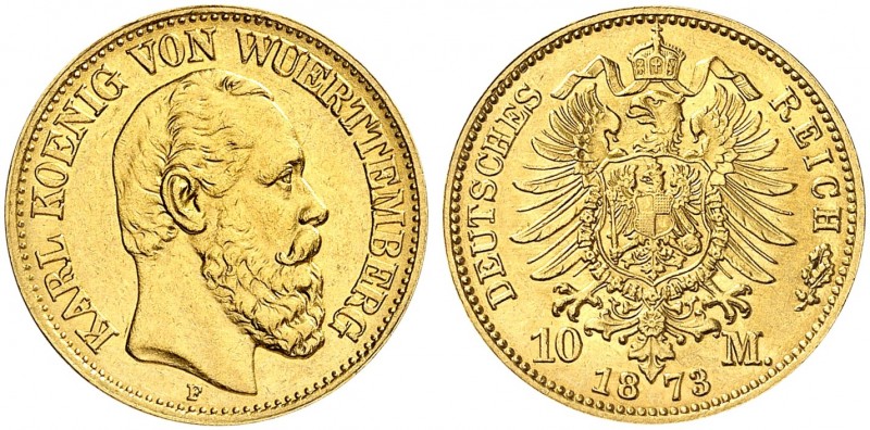 WÜRTTEMBERG. Karl, 1864-1891. J. 289, EPA 10/52. 
10 Mark 1873.
vz