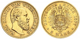 WÜRTTEMBERG. Karl, 1864-1891. J. 291, EPA 5/86. 
5 Mark 1877.
ss / vz
