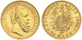 WÜRTTEMBERG. Karl, 1864-1891. J. 293, EPA 20/63. 
20 Mark 1874.
vz