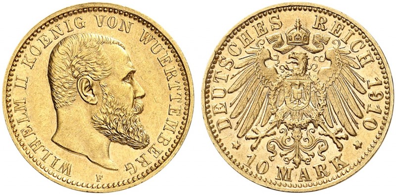 WÜRTTEMBERG. Wilhelm II., 1891-1918. J. 295, EPA 10/55. 
10 Mark 1910.
vz - St...