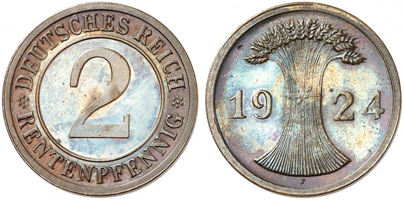 KURS - UND GEDENKMÜNZEN. J. 307, EPA 13. 
2 Rentenpfennig 1924 F.
schöne Kupfe...