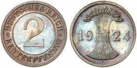 KURS - UND GEDENKMÜNZEN. J. 307, EPA 13. 
2 Rentenpfennig 1924 F.
schöne Kupferpatina, winz. Kr., PP