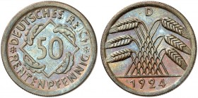 KURS - UND GEDENKMÜNZEN. J. 310, EPA 49. 
50 Rentenpfennig 1924 D.
schöne Patina, EA