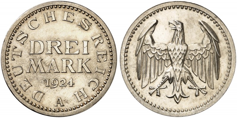 KURS - UND GEDENKMÜNZEN. J. 312, EPA 3/41. 
3 Mark 1924 A.
winz. Kr., PP