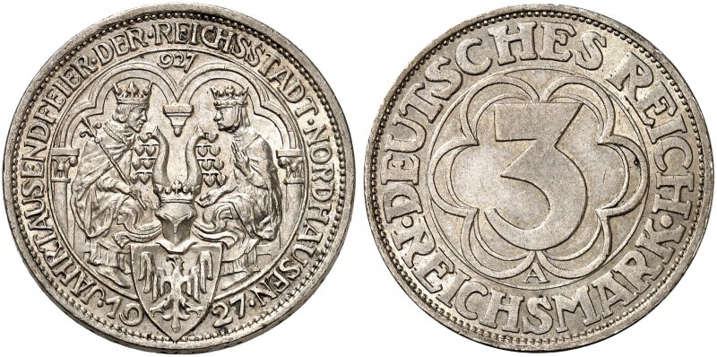 KURS - UND GEDENKMÜNZEN. J. 327, EPA 3/45. 
3 RM 1927 A, Nordhausen.
vz