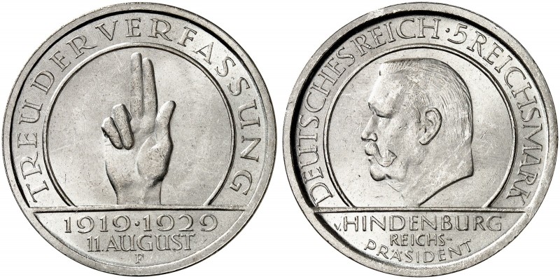 KURS - UND GEDENKMÜNZEN. J. 341, EPA 5/67. 
5 RM 1929 F, Verfassungstreue.
kl....
