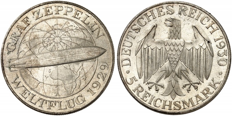 KURS - UND GEDENKMÜNZEN. J. 343, EPA 5/68. 
5 RM 1930 A, Zeppelin.
kl. Kr., vz...