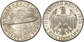 KURS - UND GEDENKMÜNZEN. J. 343, EPA 5/68. 
5 RM 1930 A, Zeppelin.
kl. Kr., vz - St