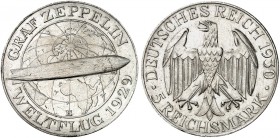KURS - UND GEDENKMÜNZEN. J. 343, EPA 5/68. 
5 RM 1930 E, Zeppelin.
vz