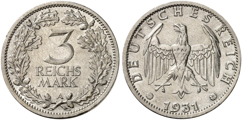KURS - UND GEDENKMÜNZEN. 3 RM - Kursmünze. J. 349, EPA 3/60. 
3 RM 1931 A.
vz...